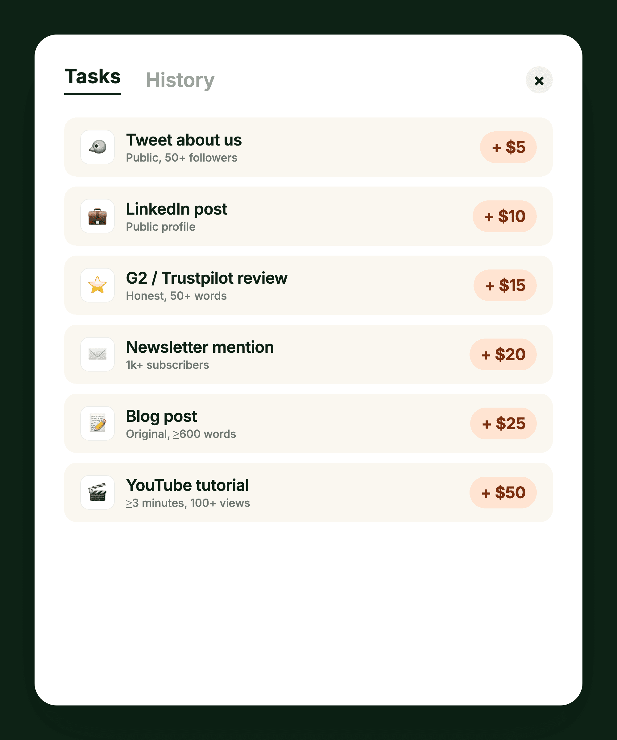 Tasks board with marketing tasks and credit values