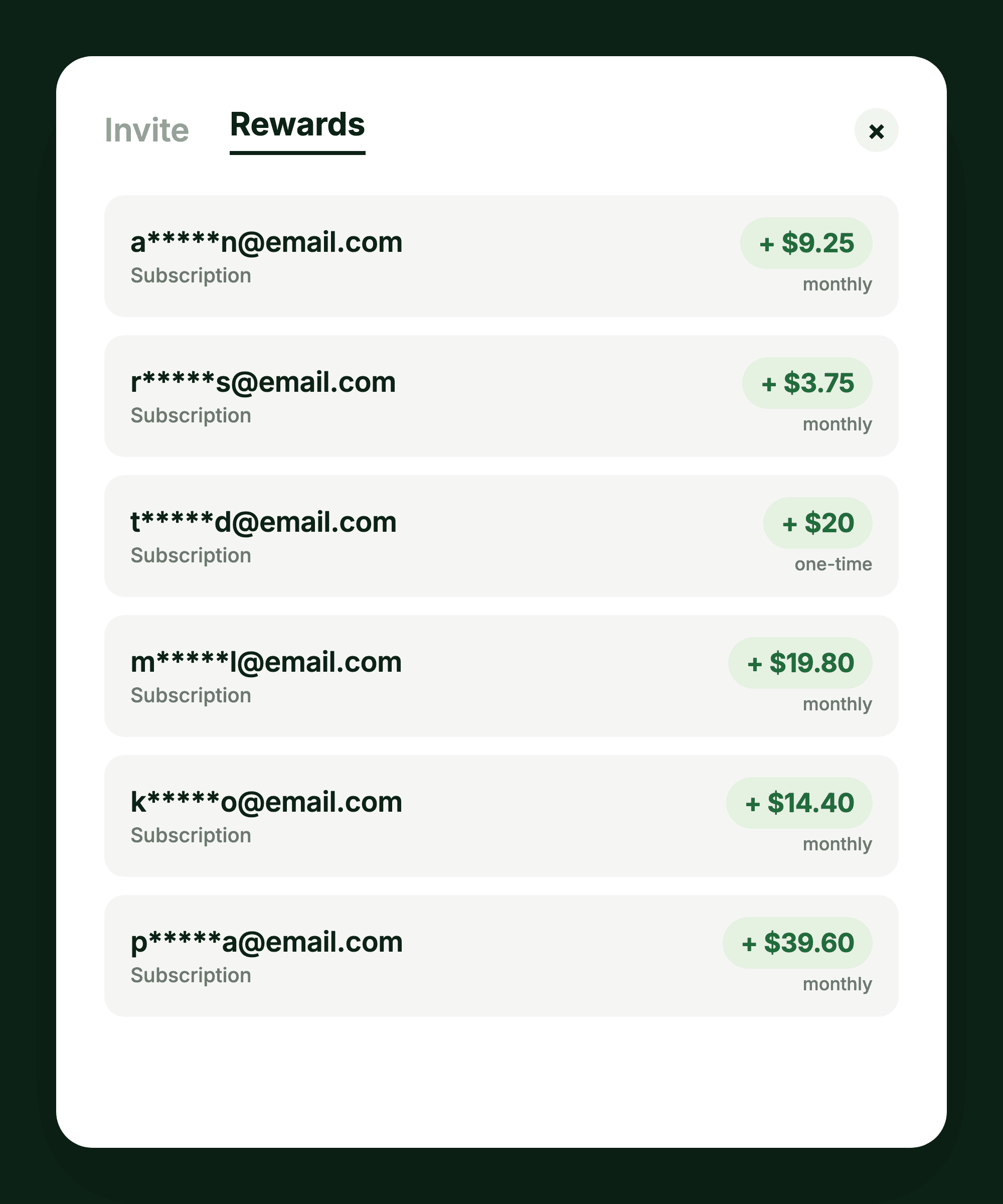 Rewards panel showing recurring commissions earned